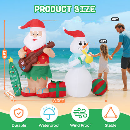 Toiyjofe 8.3FT Hawaiian Christmas Inflatable Decorations, Hula Santa Claus with a Guitar and Snowman with a Horn Tropical Xmas Blow Up Yard Decor with Built-in LED Light for Outdoor, Lawn, Garden, Beach, Party