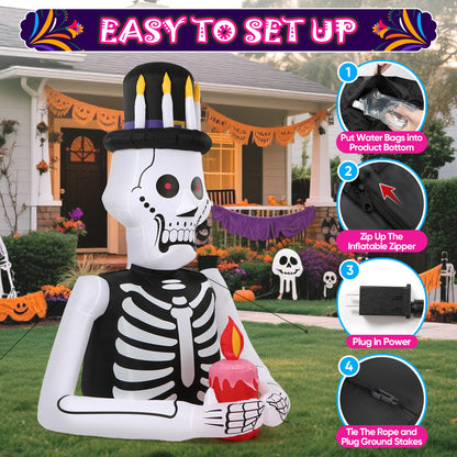 6FT Halloween Inflatables Skull Decoration: Day of The Dead Skeletons Blow Up Outdoor Decor, Día de Los Muertos Inflatable Built-in LEDs for Holiday Party, Garden, Lawn, Yard, Patio Décor