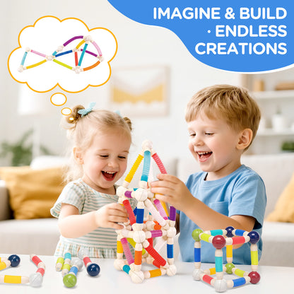 Toiyjofe Flexible Magnetic Building Blocks Set 48pcs for Kids Ages 3+, STEM Construction Toy with Stretchable Tubes & Magnetic Balls, Educational Gift with Storage Bag