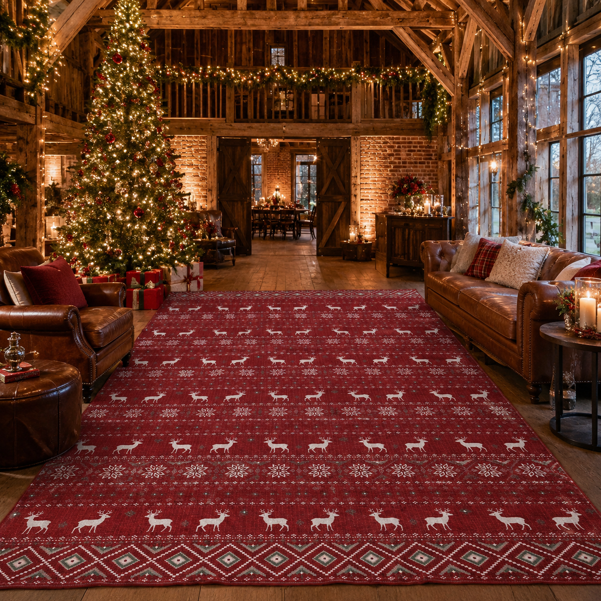 Red Christmas Reindeer & Snowflake Washable Area Rug
