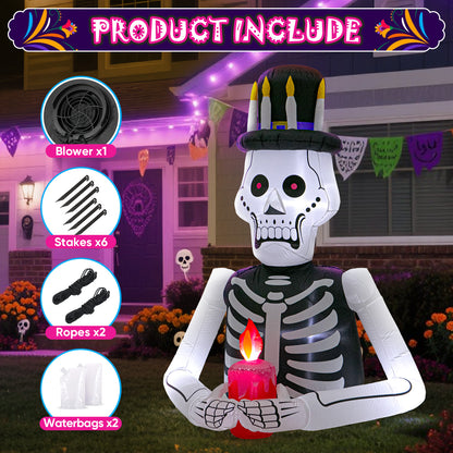 6FT Halloween Inflatables Skull Decoration: Day of The Dead Skeletons Blow Up Outdoor Decor, Día de Los Muertos Inflatable Built-in LEDs for Holiday Party, Garden, Lawn, Yard, Patio Décor
