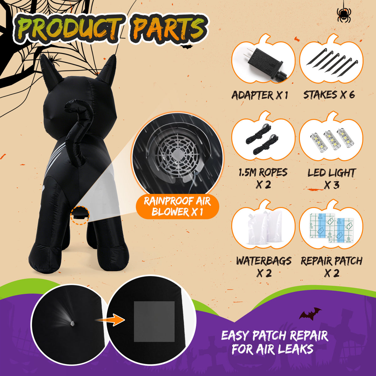 4FT Skeleton Cat with Pumpkin Halloween Inflatable