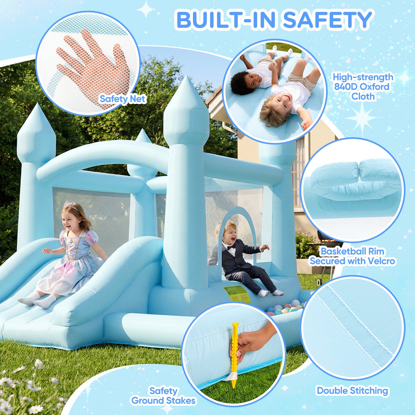 Pastel Blue Castle Bounce House with Slide & Ball Pit