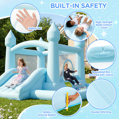 Pastel Blue Castle Bounce House with Slide & Ball Pit