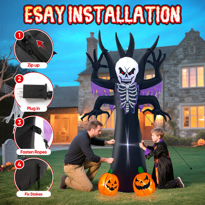 8FT Halloween Inflatables Skeleton Tree - Creepy Face Grim Reaper Blow Up Yard Decoration with 2 Pumpkin Faces with Build-in LED Lights for Home Halloween Party Garden Lawn Indoor Outdoor Decor