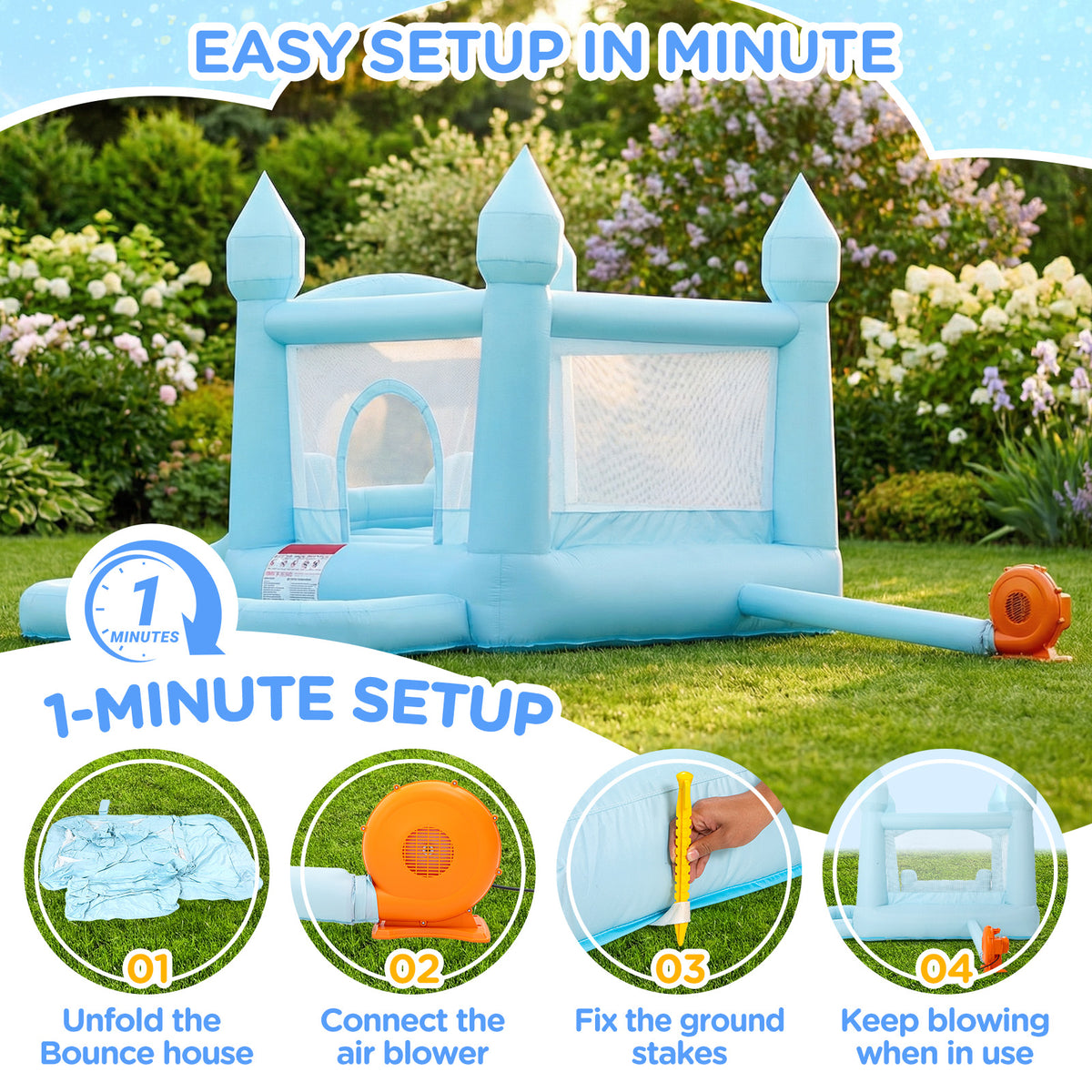 Pastel Blue Castle Bounce House with Slide & Ball Pit