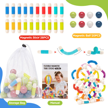 Toiyjofe Flexible Magnetic Building Blocks Set 48pcs for Kids Ages 3+, STEM Construction Toy with Stretchable Tubes & Magnetic Balls, Educational Gift with Storage Bag