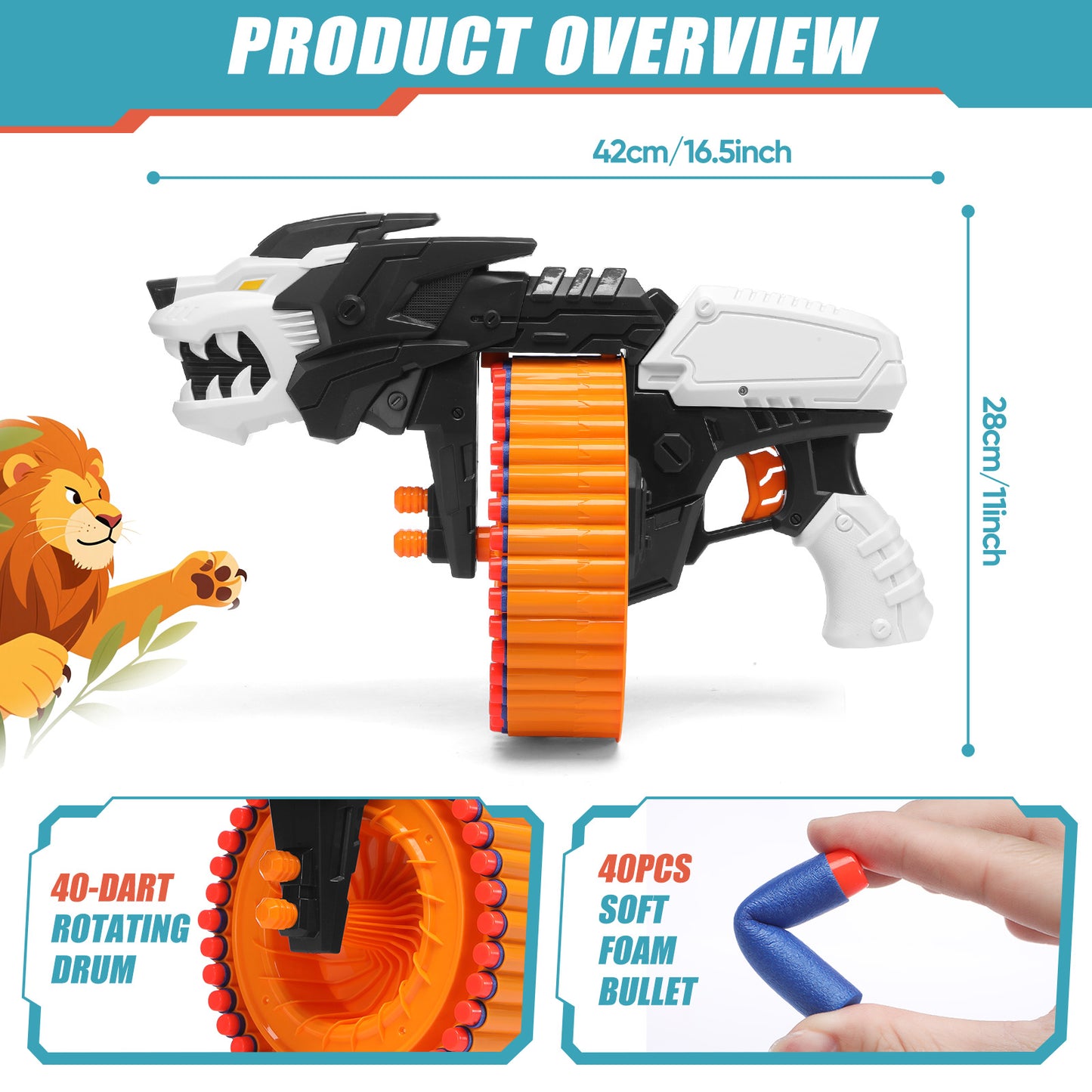Toiyjofe Lion-Themed Foam Dart Blaster for Boys, 40 Darts Toy Gun for Kids Age 8–12, Outdoor Adventure Blaster Game Toy