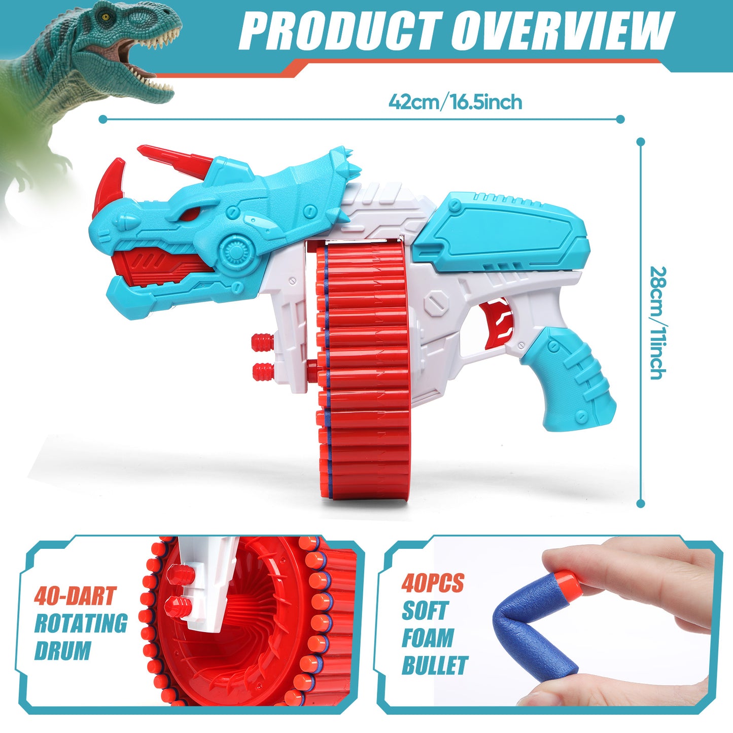 Toiyjofe Dinosaur Foam Dart Blaster for Boys, 40 Darts Toy Gun Triceratops Design for Kids Aged 8–12, Outdoor Shooting Game Toy