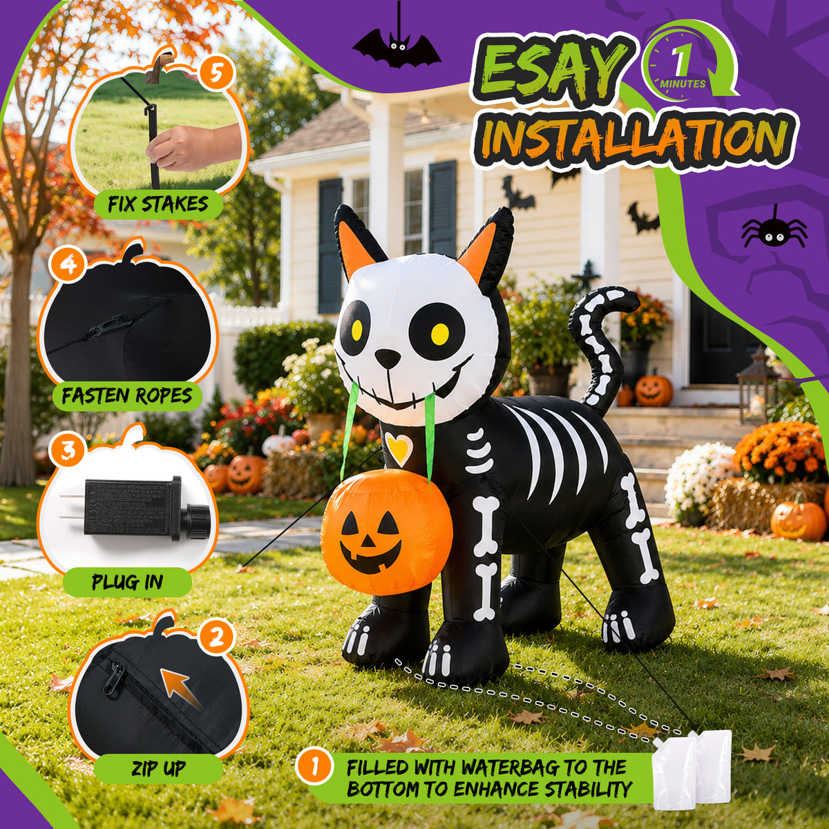 4FT Skeleton Cat with Pumpkin Halloween Inflatable