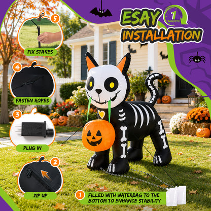 4FT Skeleton Cat with Pumpkin Halloween Inflatable