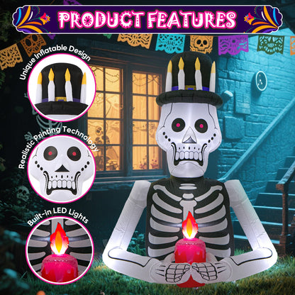 6FT Halloween Inflatables Skull Decoration: Day of The Dead Skeletons Blow Up Outdoor Decor, Día de Los Muertos Inflatable Built-in LEDs for Holiday Party, Garden, Lawn, Yard, Patio Décor