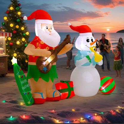 Toiyjofe 8.3FT Hawaiian Christmas Inflatable Decorations, Hula Santa Claus with a Guitar and Snowman with a Horn Tropical Xmas Blow Up Yard Decor with Built-in LED Light for Outdoor, Lawn, Garden, Beach, Party