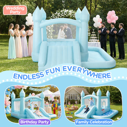 Pastel Blue Castle Bounce House with Slide & Ball Pit