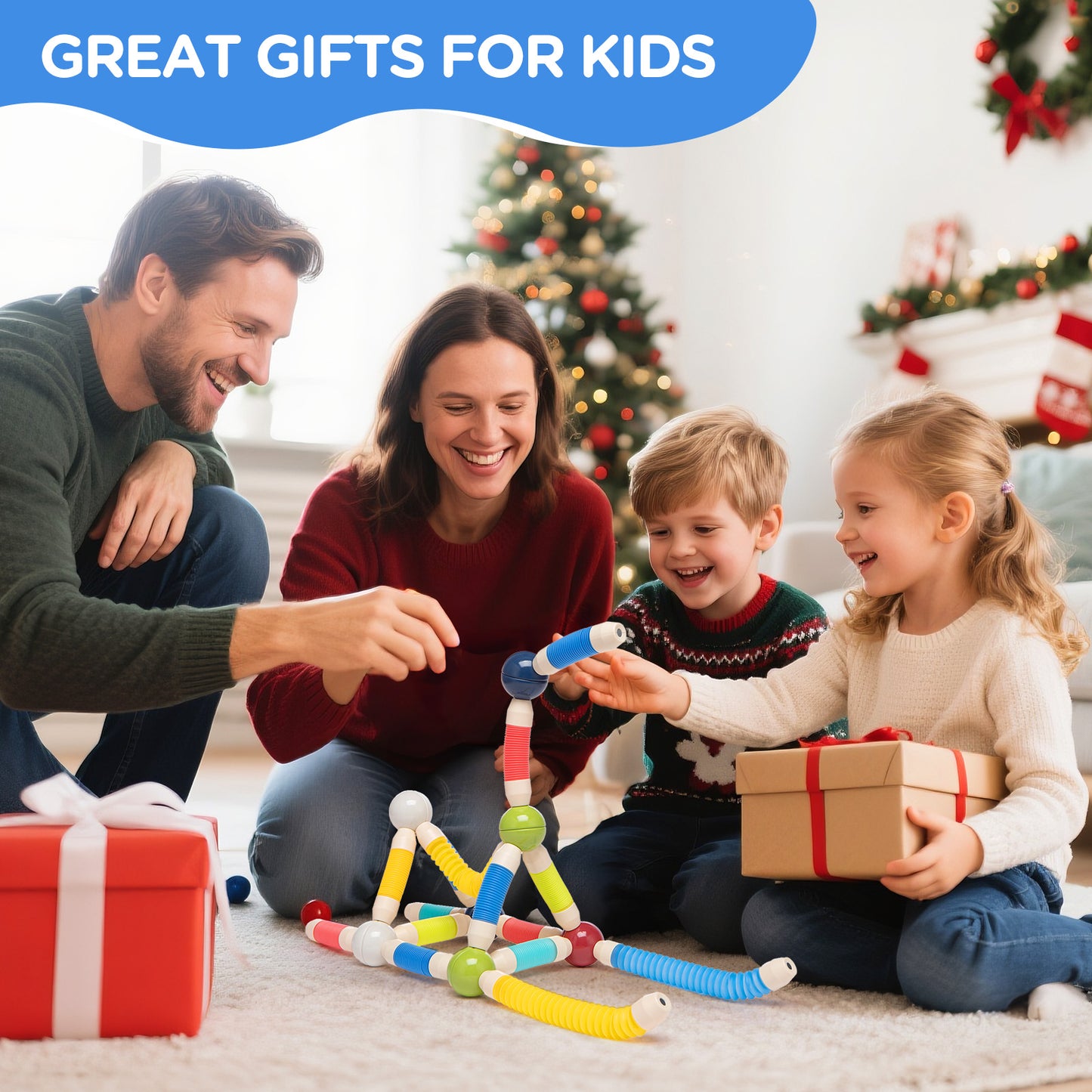 Toiyjofe Flexible Magnetic Building Blocks Set 48pcs for Kids Ages 3+, STEM Construction Toy with Stretchable Tubes & Magnetic Balls, Educational Gift with Storage Bag