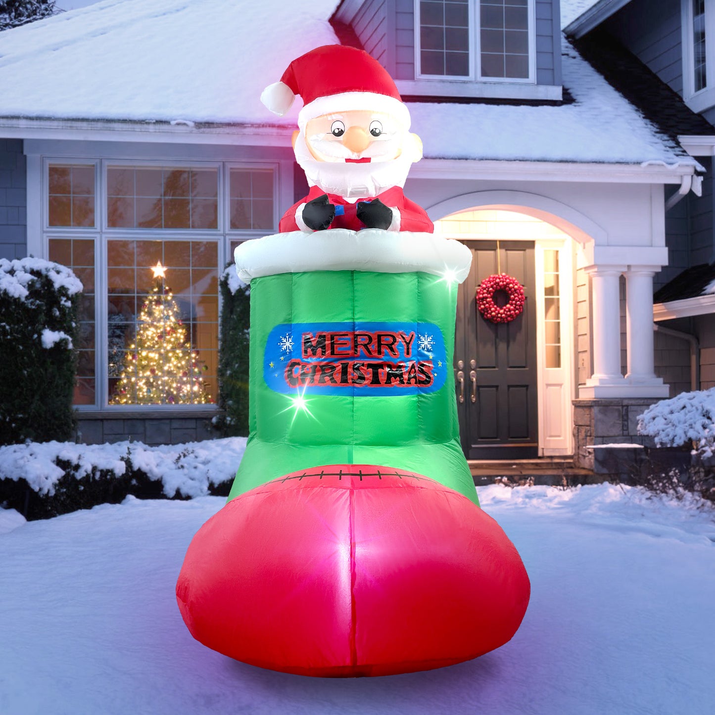 5.5FT Christmas Inflatables Outdoor Decorations Blow-up Santa Claus Automatic Lifting in Christmas Stocking with LED Lights for Garden Lawn Yard Decorations