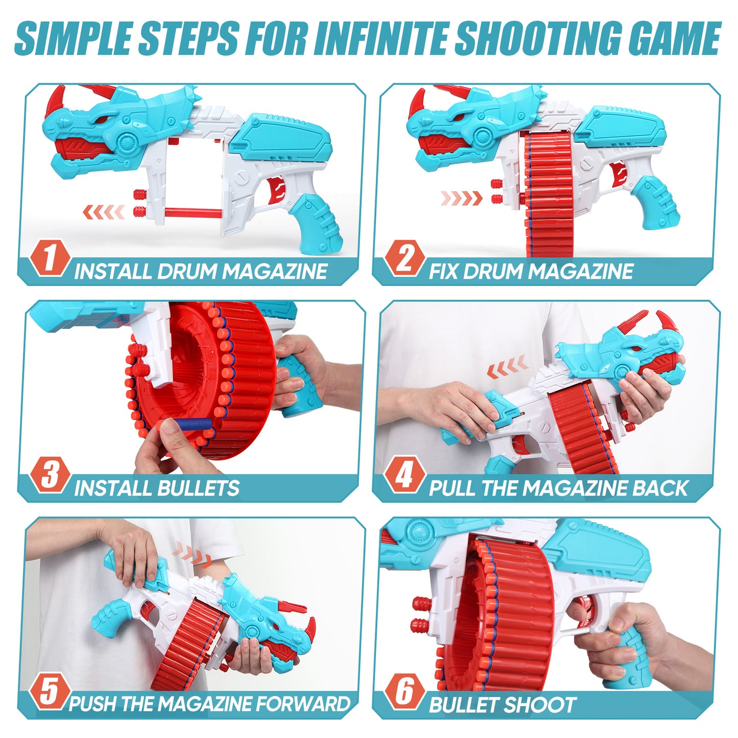 Toiyjofe Dinosaur Foam Dart Blaster for Boys, 40 Darts Toy Gun Triceratops Design for Kids Aged 8–12, Outdoor Shooting Game Toy