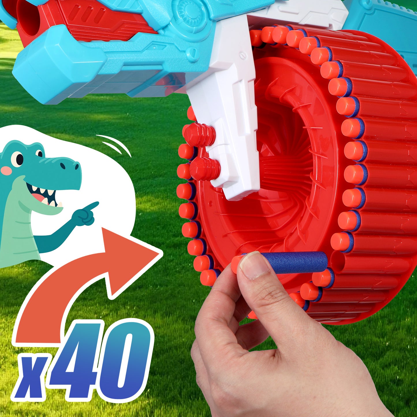 Toiyjofe Dinosaur Foam Dart Blaster for Boys, 40 Darts Toy Gun Triceratops Design for Kids Aged 8–12, Outdoor Shooting Game Toy