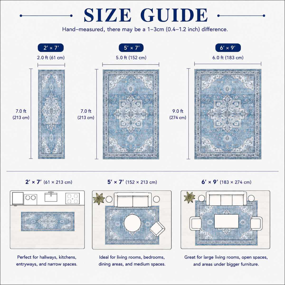 Dusty Blue Vintage Persian Washable Area Rug