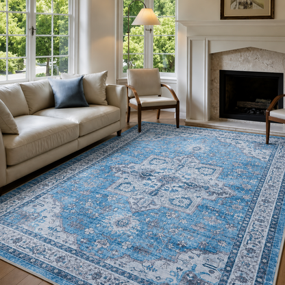 Dusty Blue Vintage Persian Washable Area Rug