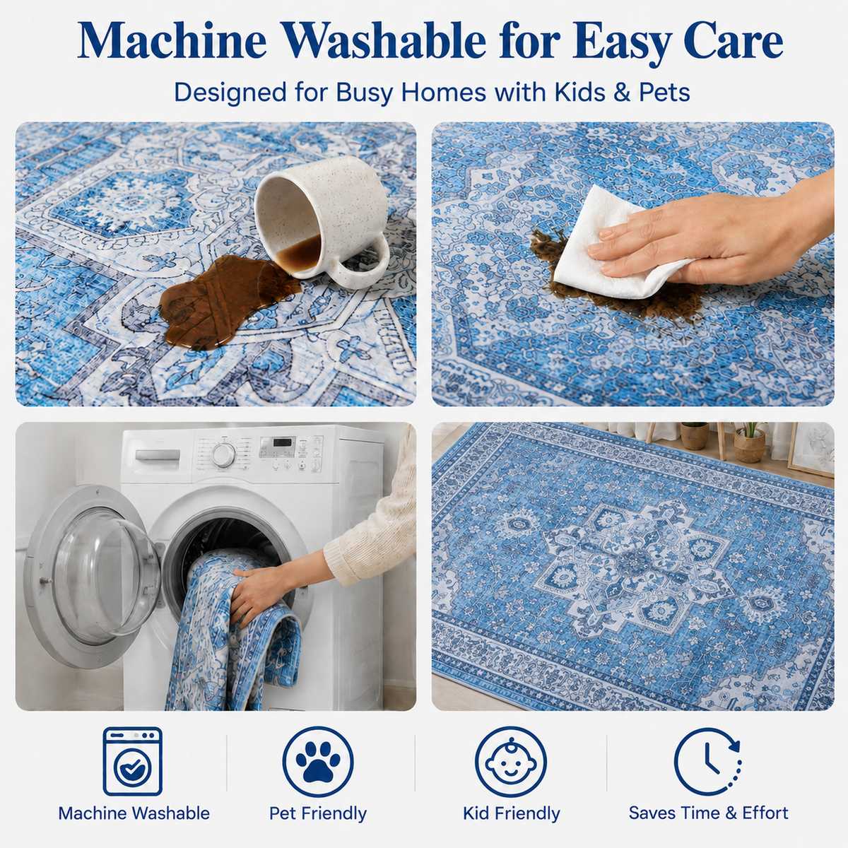 Dusty Blue Vintage Persian Washable Area Rug