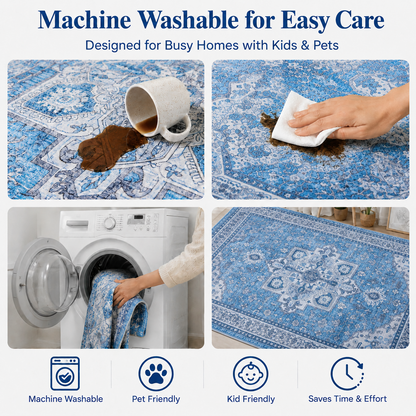 Dusty Blue Vintage Persian Washable Area Rug