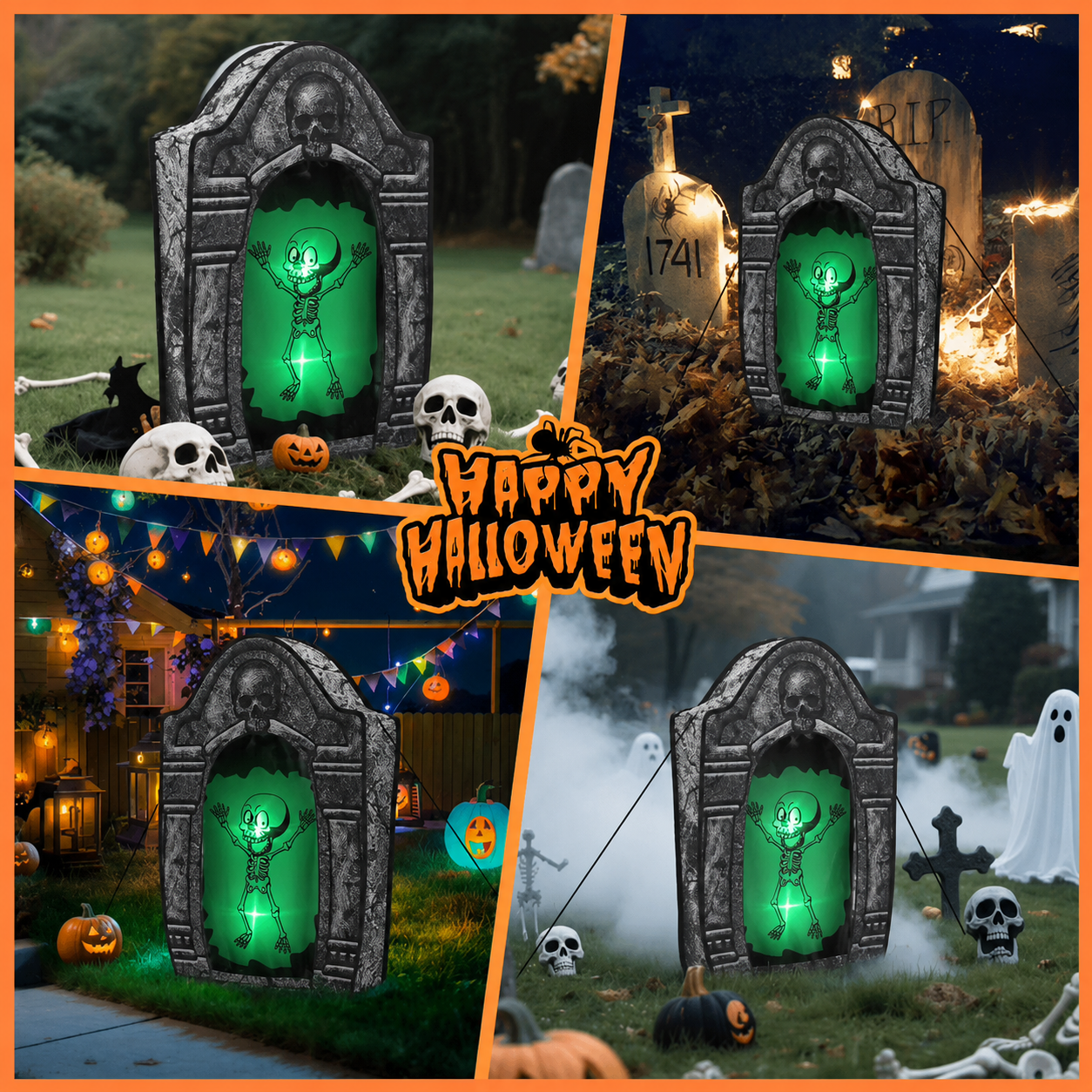 3.5FT Green LED Skeleton Tombstone Decoration