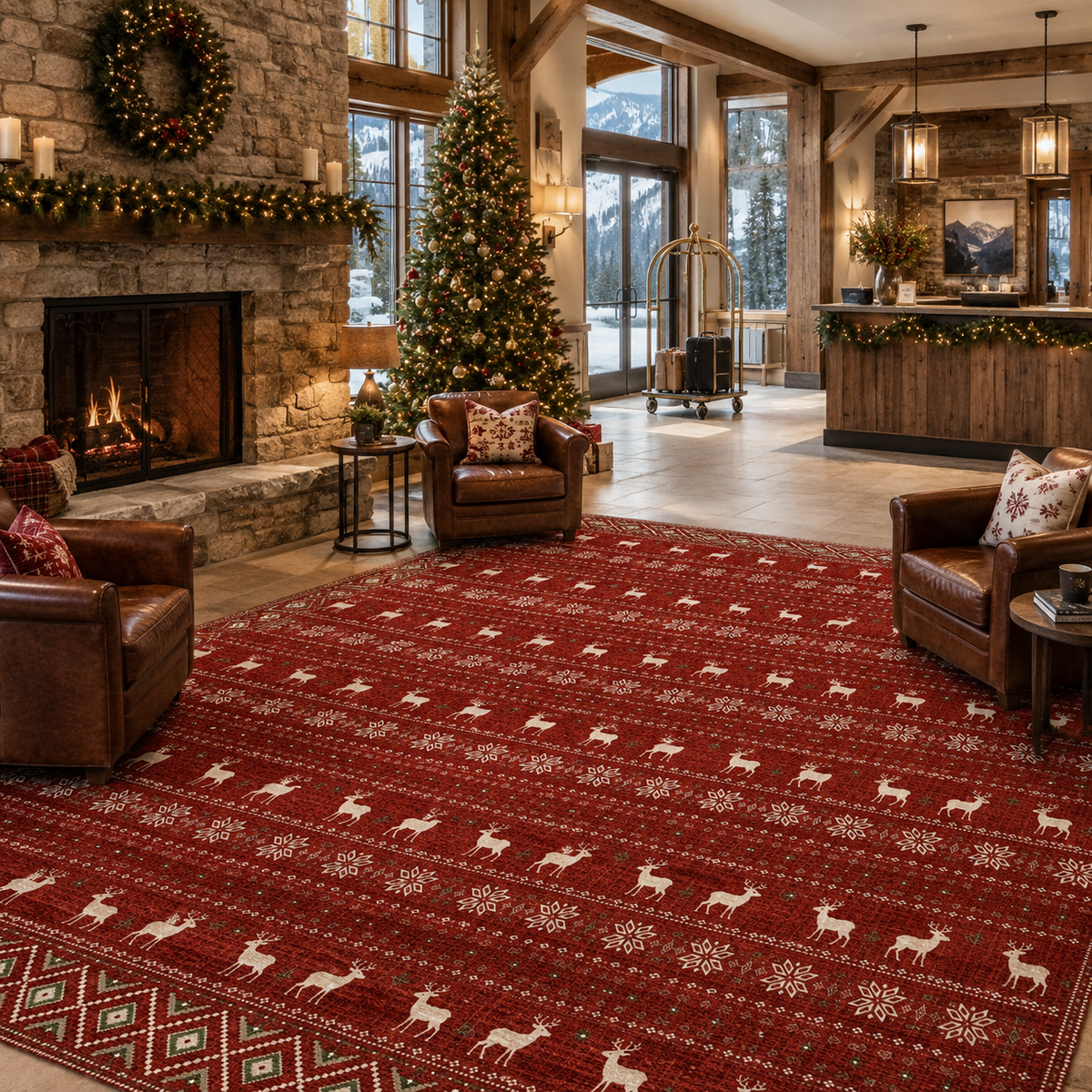 Red Christmas Reindeer & Snowflake Washable Area Rug