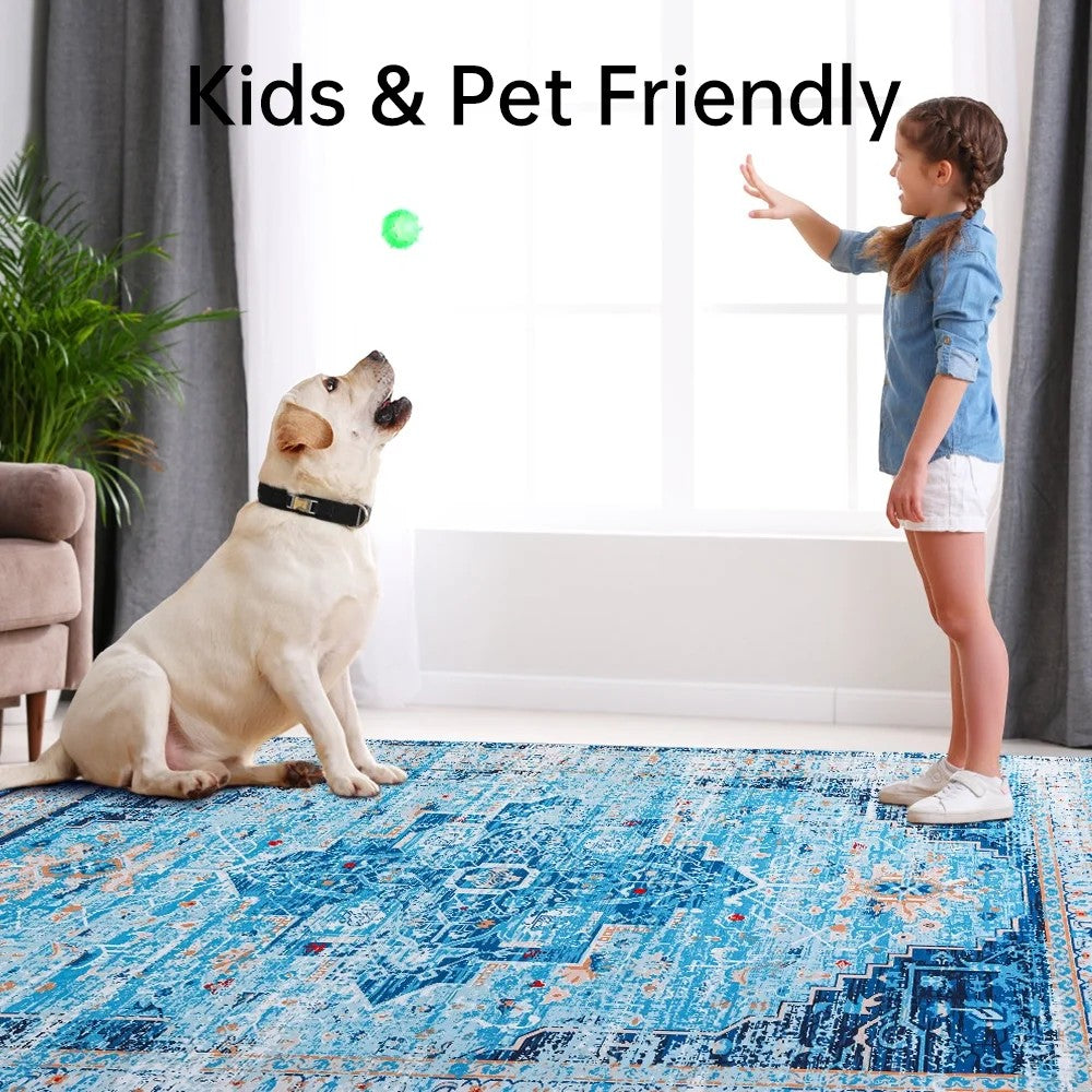 Blue Vintage Persian Washable Area Rug