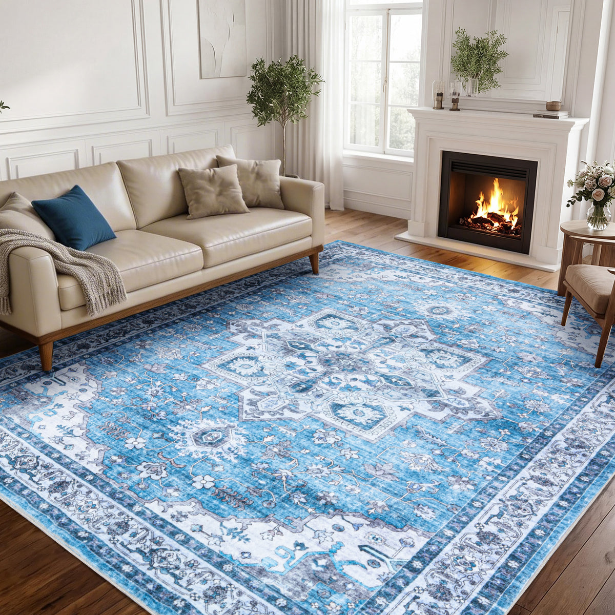 Dusty Blue Vintage Persian Washable Area Rug