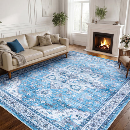 Dusty Blue Vintage Persian Washable Area Rug