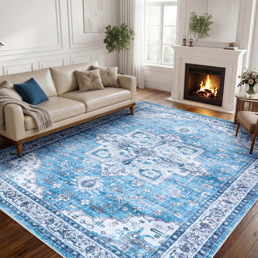 Dusty Blue Vintage Persian Washable Area Rug