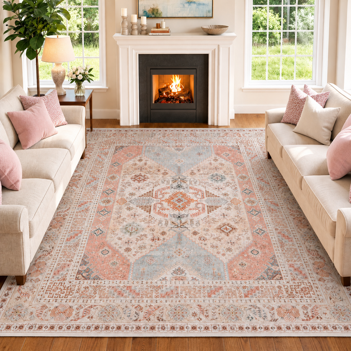 Pink Blue Beige Vintage Persian Washable Area Rug