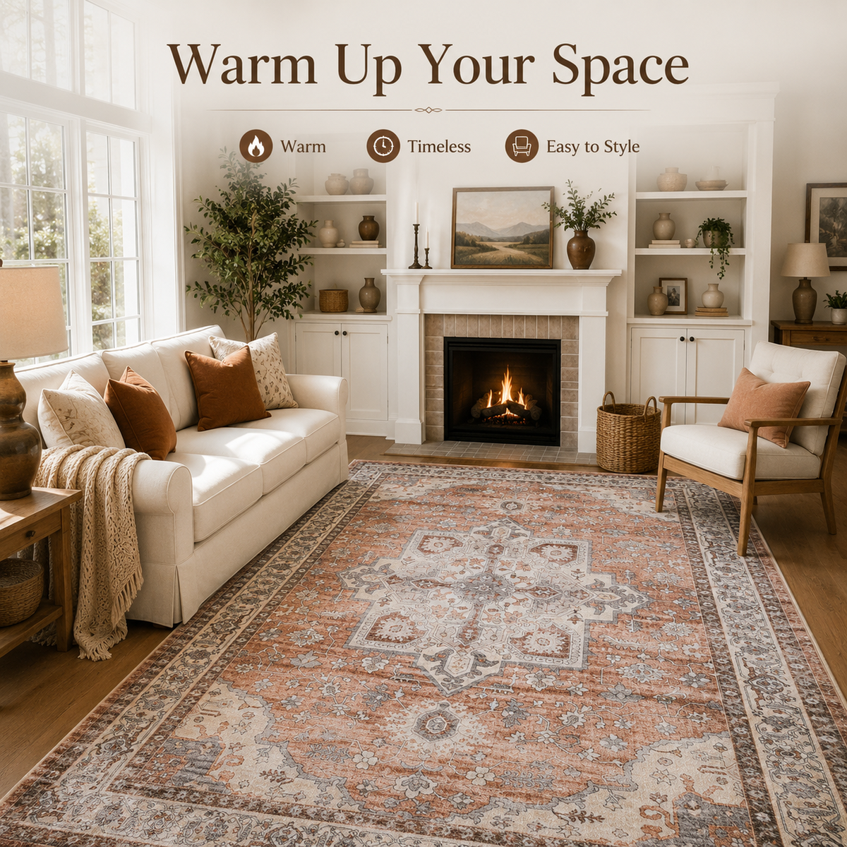 Terracotta Brown Vintage Persian Washable Area Rug