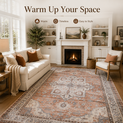 Terracotta Brown Vintage Persian Washable Area Rug