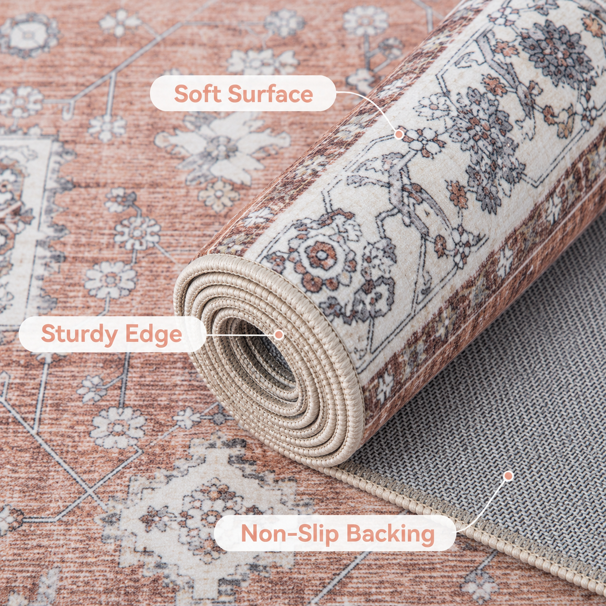 Terracotta Brown Vintage Persian Washable Area Rug