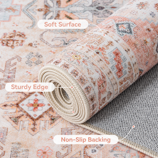Pink Blue Beige Vintage Persian Washable Area Rug