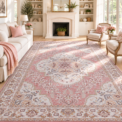Rose Pink Vintage Persian Floral Washable Area Rug