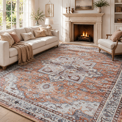 Terracotta Brown Vintage Persian Washable Area Rug