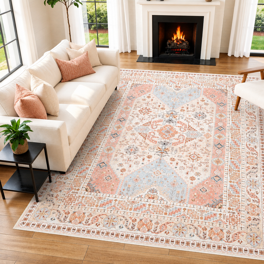 Pink Blue Beige Vintage Persian Washable Area Rug