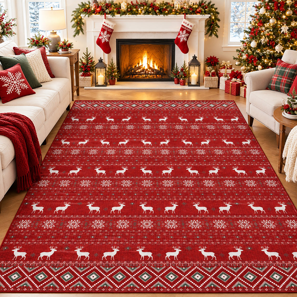 Red Christmas Reindeer & Snowflake Washable Area Rug