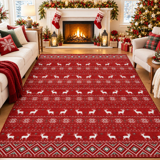 Red Christmas Reindeer & Snowflake Washable Area Rug