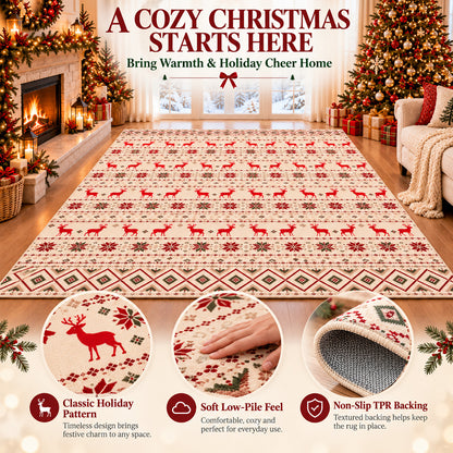 Beige Christmas Reindeer & Snowflake Washable Area Rug