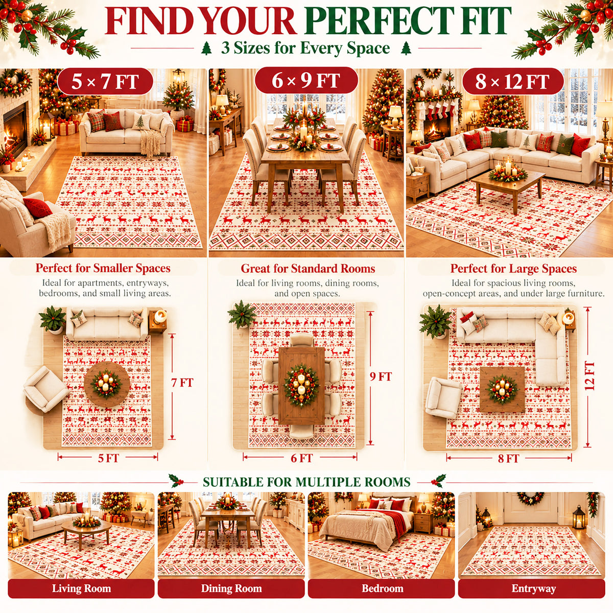 Beige Christmas Reindeer & Snowflake Washable Area Rug