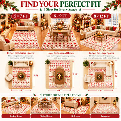 Beige Christmas Reindeer & Snowflake Washable Area Rug