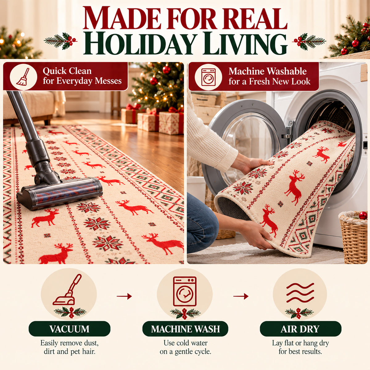 Beige Christmas Reindeer & Snowflake Washable Area Rug