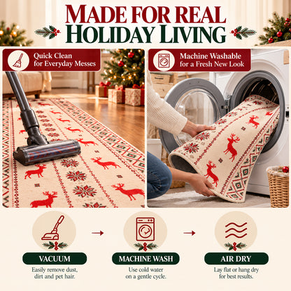 Beige Christmas Reindeer & Snowflake Washable Area Rug