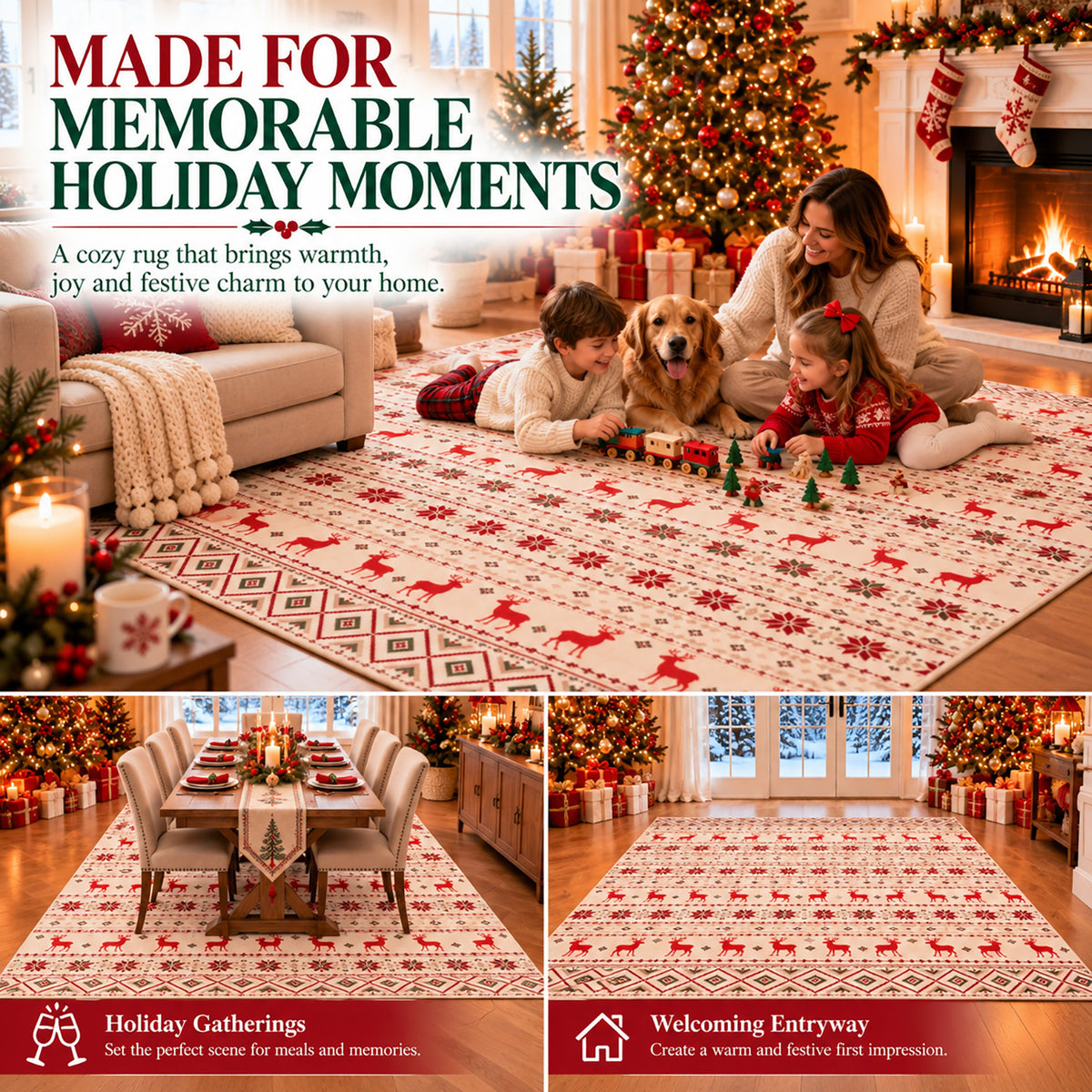 Beige Christmas Reindeer & Snowflake Washable Area Rug
