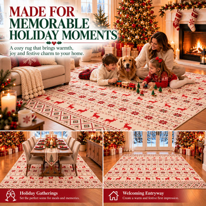 Beige Christmas Reindeer & Snowflake Washable Area Rug