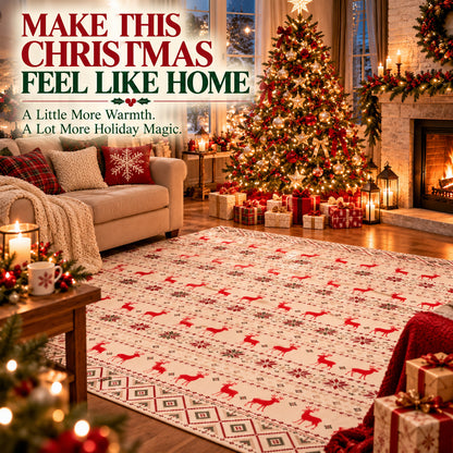 Beige Christmas Reindeer & Snowflake Washable Area Rug